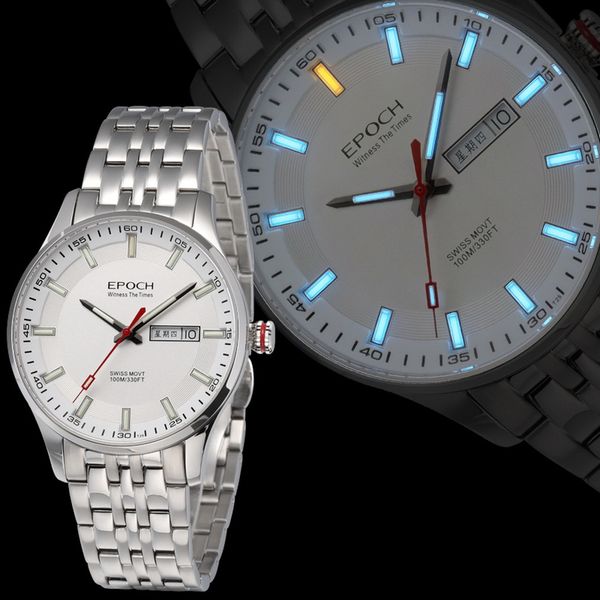 epoch men luxury watch mens tritium watches t25 luminous business quartz wristwatch 50m waterproof sapphire crystal week date, Silver